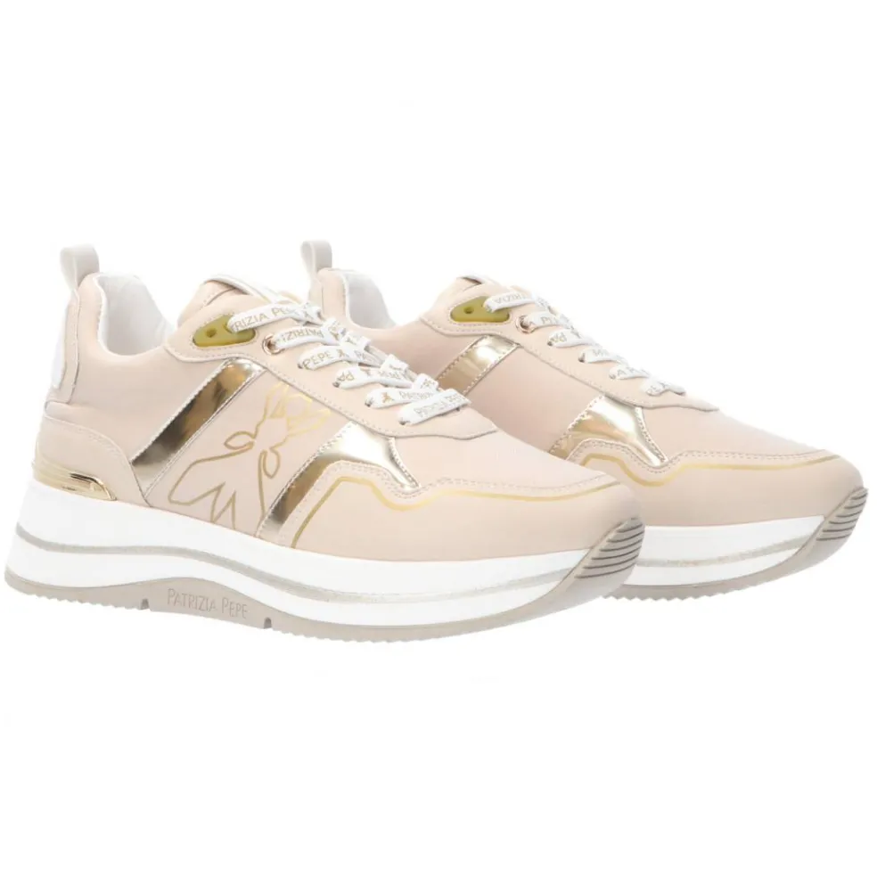 Sneakers donna “Patrizia Pepe” PPJ270 Collezione Primavera /Estate 2025 – Bianco e oro/beige e oro